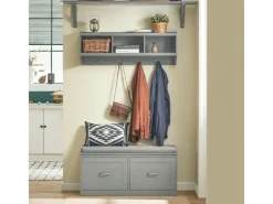 SoBuy Wandgarderobe mit 3 Körben und 4 Haken MDF Grau FHK28-HG< Küchen-Ordnungssysteme