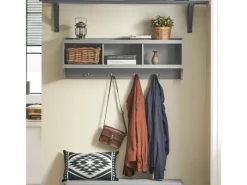 SoBuy Wandgarderobe mit 3 Körben und 4 Haken MDF Grau FHK28-HG< Küchen-Ordnungssysteme