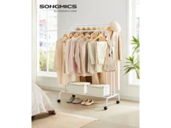 Songmics Wäschetrockner<Kleiderständer mit Rollen 52,5 cm x 103,5 cm x 155 cm Weiß