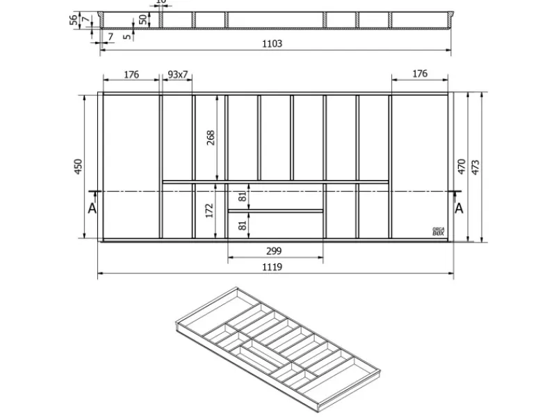 SOTECH Besteckkästen<Orga-Box-1 Bambus Besteckeinsatz 15 Fächer Für Blum Tandembox Antaro Schubladen 1119x473x56 mm im 120er Schrank
