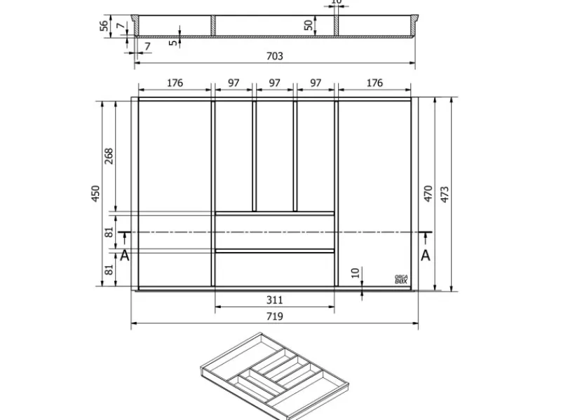 SOTECH Orga-Box-1 Bambus Besteckeinsatz 7 Fächer Für Blum Tandembox Antaro Schubladen 719x473x56 mm im 80er Schrank< Besteckkästen