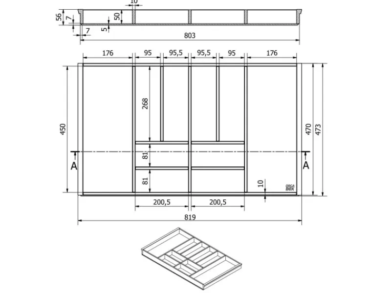 SOTECH Besteckkästen<Orga-Box-1 Bambus Besteckeinsatz 10 Fächer Für Blum Tandembox Antaro Schubladen 819x473x56 mm im 90er Schrank