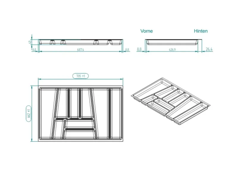 New SOTECH ORGA-BOX II Besteckeinsatz 800 mm Höhe 45 mm Silbergrau Für Nobilia Schubladen