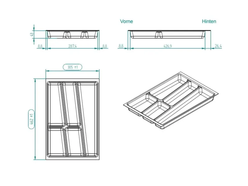 SOTECH ORGA-BOX II Besteckeinsatz 400 mm Höhe 45 mm Silbergrau Für Nobilia Schubladen< Besteckkästen