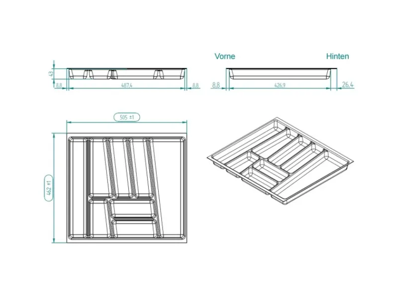 SOTECH ORGA-BOX II Besteckeinsatz 600 mm Höhe 45 mm Silbergrau Für Nobilia Schubladen< Besteckkästen
