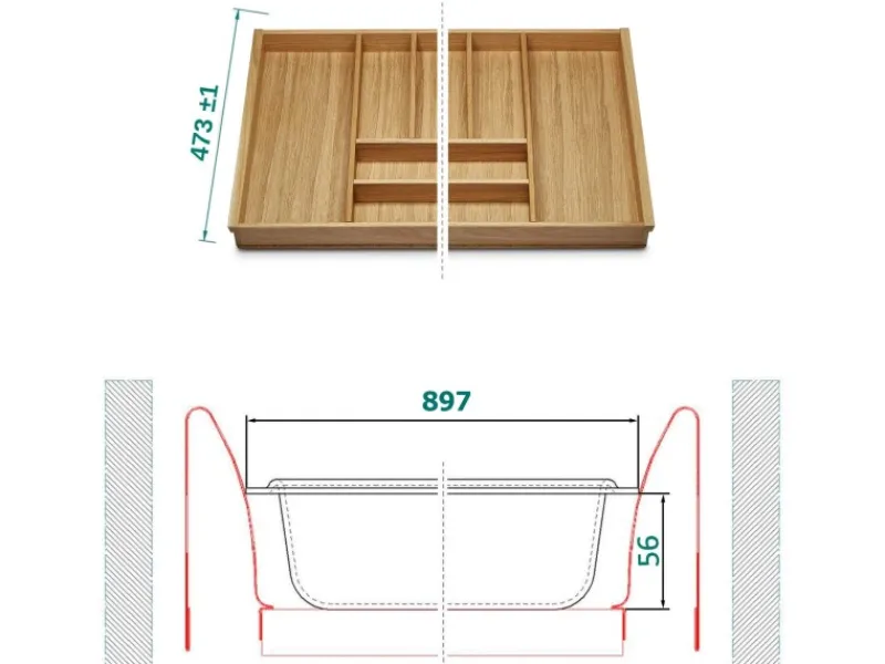 SOTECH ORGA-BOX III Eiche Besteckeinsatz 1000 mm Höhe 56 mm Für Nobilia Ab 2013 Pronorm und Brigitte Küchen< Besteckkästen