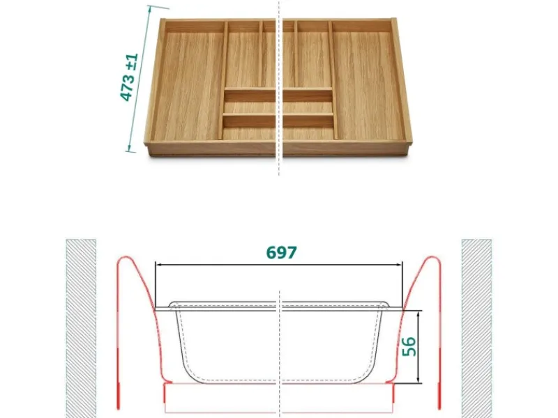 SOTECH ORGA-BOX III Eiche Besteckeinsatz 800 mm Höhe 56 mm Für Nobilia Ab 2013 Pronorm und Brigitte Küchen< Besteckkästen