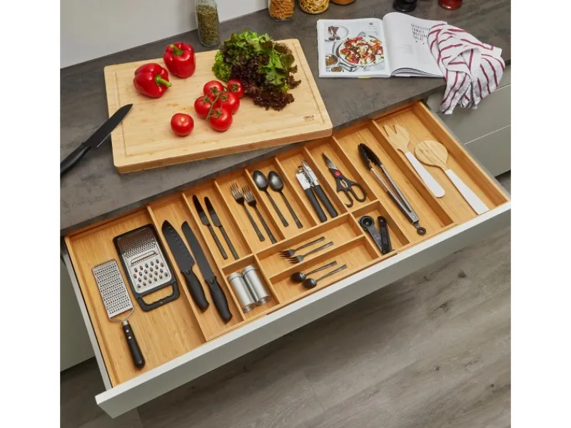 SOTECH Besteckkästen<ORGA-BOX UNIVERSAL Besteckkasten Aus Bambus Verstellbar Für Schrankbreite 900 - 1200 mm Höhe 65 mm bis 13 Fächer