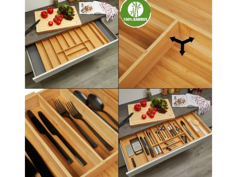 SOTECH Besteckkästen<ORGA-BOX UNIVERSAL Besteckkasten Aus Bambus Verstellbar Für Schrankbreite 900 - 1200 mm Höhe 65 mm bis 13 Fächer