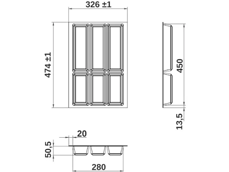 SOTECH Besteckkästen<Orga-Box VII Besteckeinsatz Schwarz 400 mm Höhe 50,5 mm mit Softtouch Oberfläche
