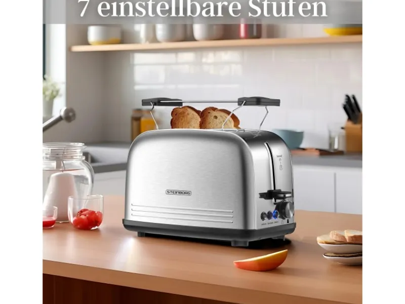 STEINBORG Haushaltsgeräte<SB-2071 2 Scheiben Edelstahl Toaster mit Brötchenaufsatz 850 Watt