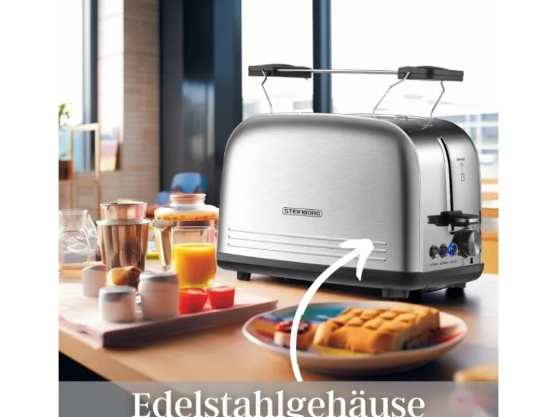 STEINBORG Haushaltsgeräte<SB-2071 2 Scheiben Edelstahl Toaster mit Brötchenaufsatz 850 Watt