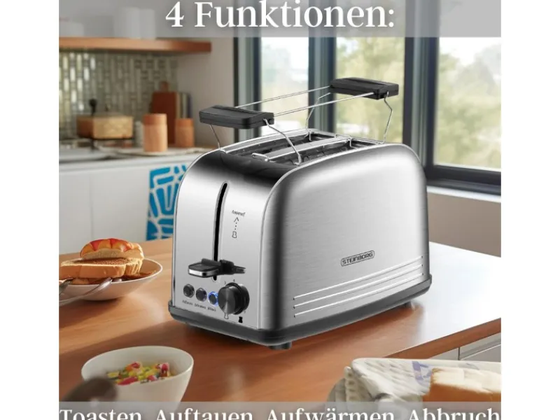 STEINBORG Haushaltsgeräte<SB-2071 2 Scheiben Edelstahl Toaster mit Brötchenaufsatz 850 Watt