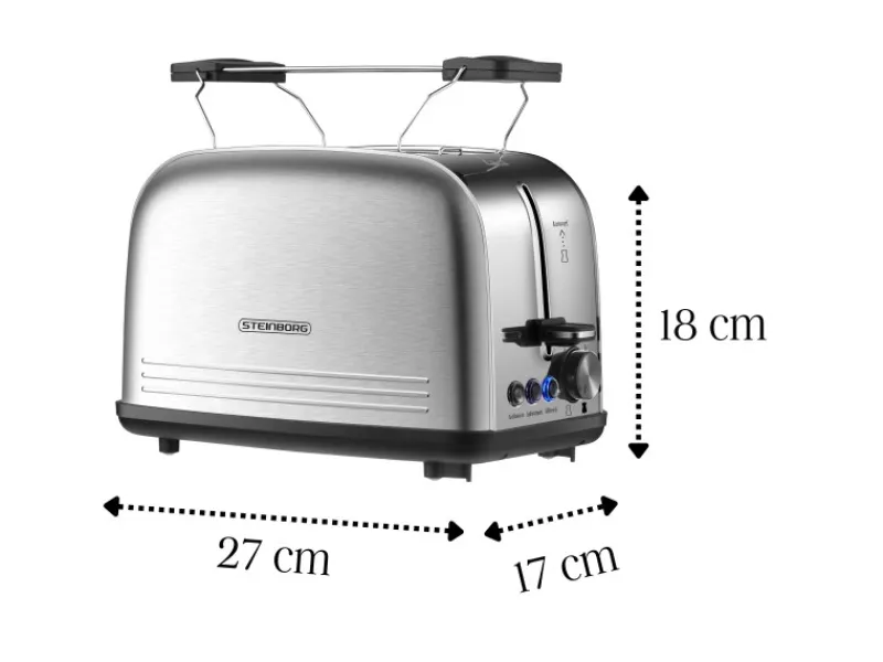 STEINBORG Haushaltsgeräte<SB-2071 2 Scheiben Edelstahl Toaster mit Brötchenaufsatz 850 Watt