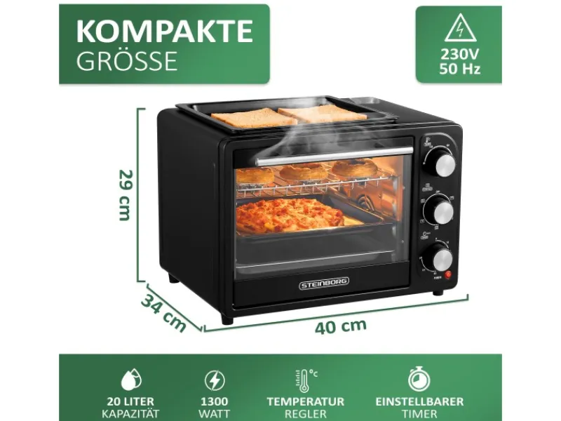 Best STEINBORG SB-3001 3in1 Minibackofen mit Umluft 20 Liter 1300 Watt Schwarz