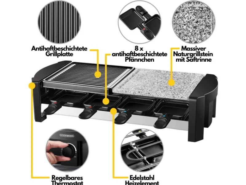 STEINBORG Haushaltsgeräte<SB-2140 Raclette Grill für 8 Personen mit Kombinierter Grillfläche 1300 Watt