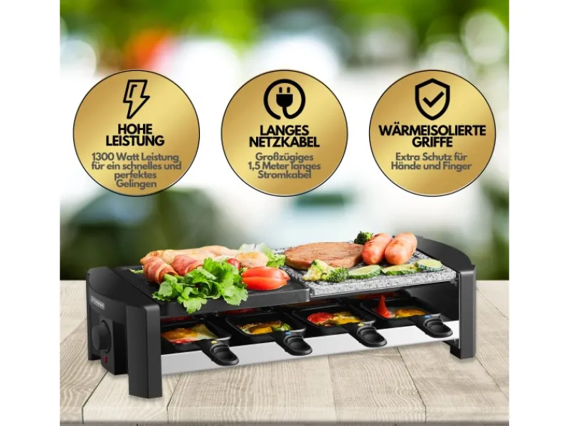 STEINBORG Haushaltsgeräte<SB-2140 Raclette Grill für 8 Personen mit Kombinierter Grillfläche 1300 Watt
