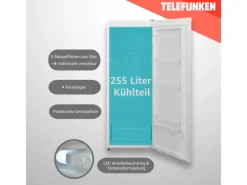 Best Telefunken Kühlschrank 255 Liter Freistehend mit Gemüsefach ohne Gefrierfach LED-Beleuchtung KTFK265EW2