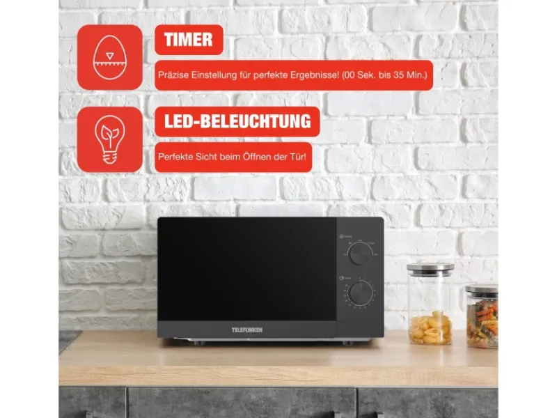 Telefunken Haushaltsgeräte<Mikrowelle Solo Mikrowellengerät Klein mit 20 L Garraum 700 W 5 Leistungsstufen Schwarz B-MW-20-G-B