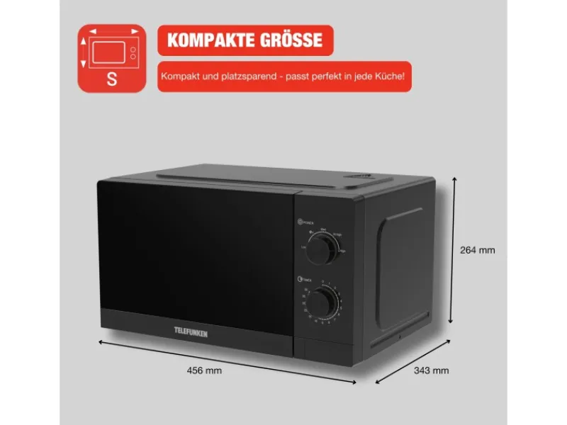 Telefunken Haushaltsgeräte<Mikrowelle Solo Mikrowellengerät Klein mit 20 L Garraum 700 W 5 Leistungsstufen Schwarz B-MW-20-G-B