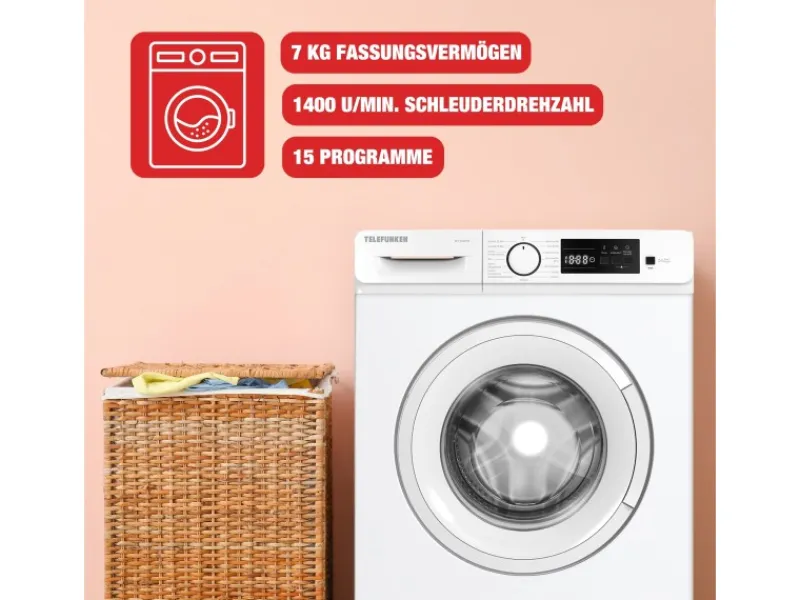 Telefunken Waschmaschinen<Waschmaschine 7kg Frontlader 1400 U/Min Inverter Motor Schontrommel 15 Programme Weiß W714A1W