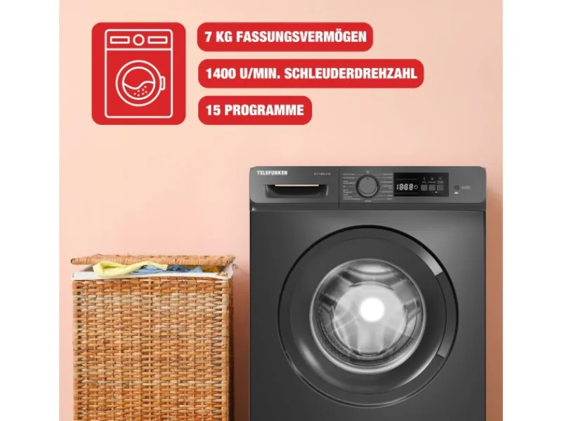 Discount Telefunken Waschmaschine 7kg Frontlader 1400 U/Min Inverter Motor AquaStop Schontrommel Dark Inox W-7-1400-A-DI