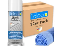 Hot Toldoro Set 12x Edelstahl Pflegespray 400ml  Edelstahlreiniger für Küche oder Grill Edelstahlpflege Spray als Reinigungsmittel oder Metallreiniger