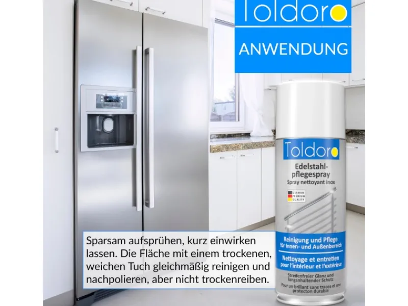 Toldoro Kühlschränke<Set 2x Edelstahl Pflegespray 400ml Edelstahlreiniger für Küche oder Grill Edelstahlpflege Spray als Reinigungsmittel oder Metallreiniger