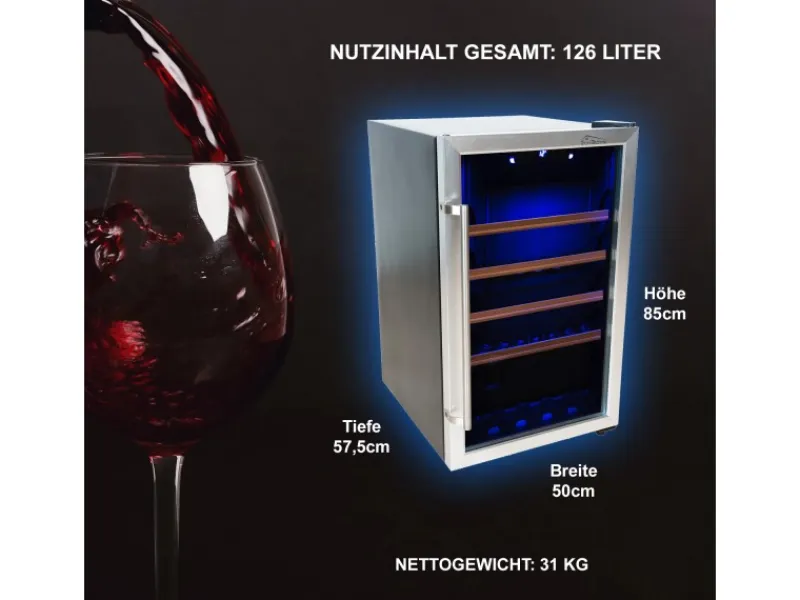 Tronitechnik Weinkühlschrank Getraenkekühlschrank 126 Liter 63 Flaschen Wein Kühlschrank Edelstahl-Optik Mit Led< Kühlschränke