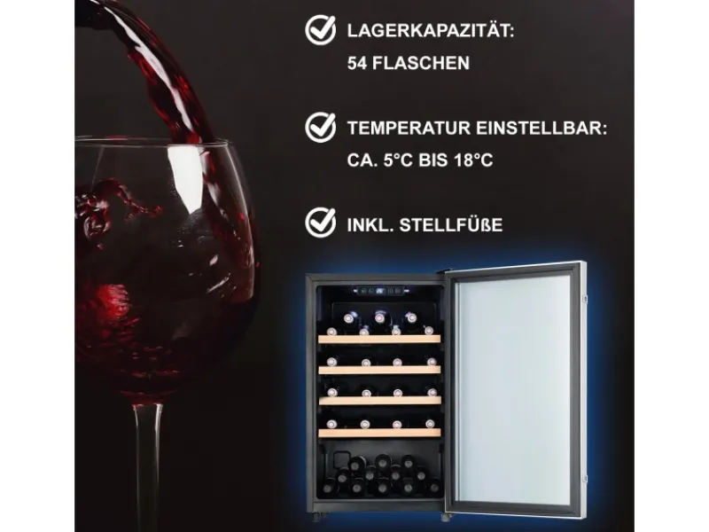 Tronitechnik Weinkühlschrank Getraenkekühlschrank 126 Liter 63 Flaschen Wein Kühlschrank Edelstahl-Optik Mit Led< Kühlschränke