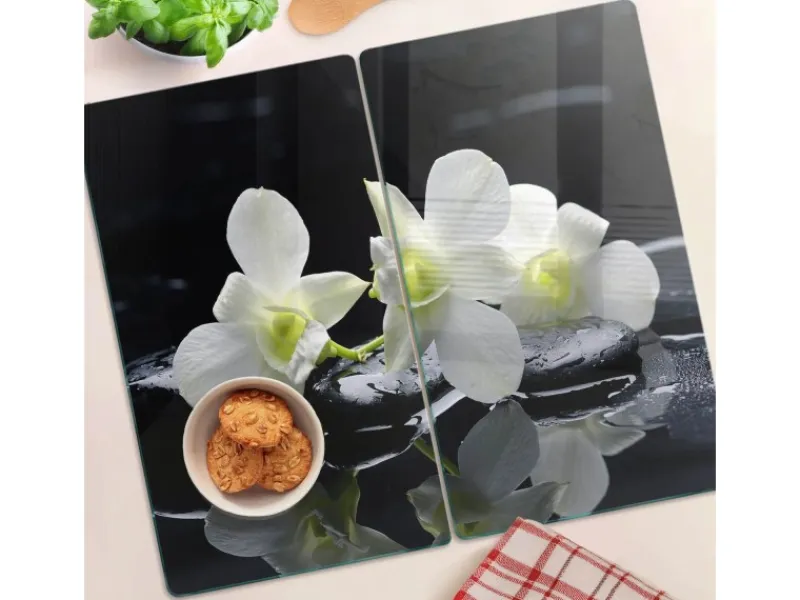 Herdabdeckungen|Schneidebretter<Tulup Herdabdeckplatte SET aus 2 Stück 30x52 cm Glas-Servierbrett Küchenutensilien Schutzplatte Spritzschutz Orchidee