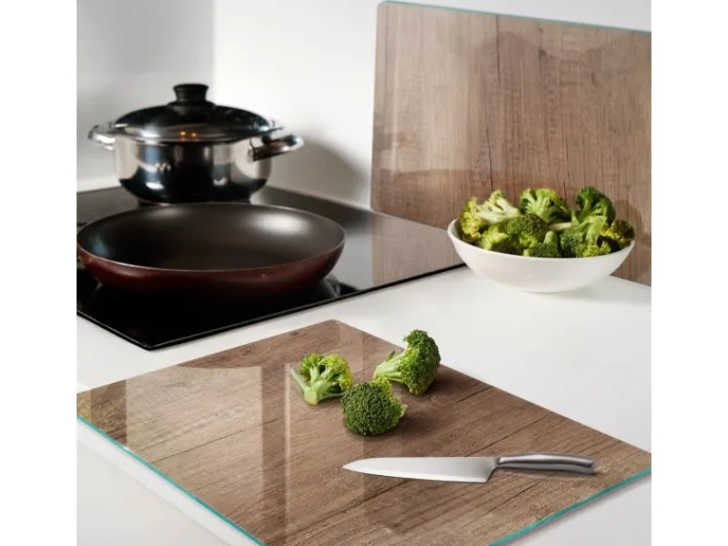 Discount Tulup Herdabdeckplatte SET aus 2 Stück 40x52 cm Glas-Servierbrett Küchenutensilien Schutzplatte Spritzschutz Holz Braun