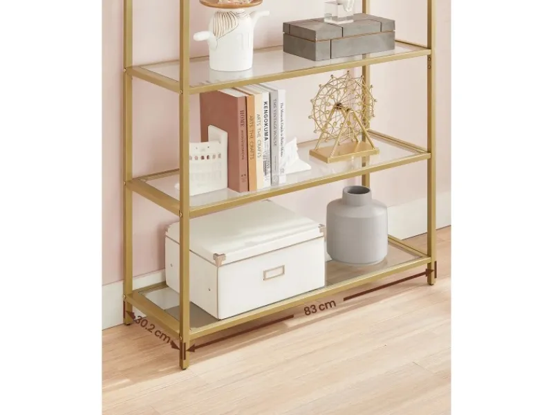 Küchenregale<Vasagle Bücherregal 5 Ablagen Hartglas 30,2 cm x 83 cm x 183,5 cm Gold