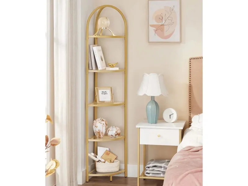 New Vasagle Eckregal 5 Ebenen Hartglas 28 cm x 28 cm x 158 cm Gold