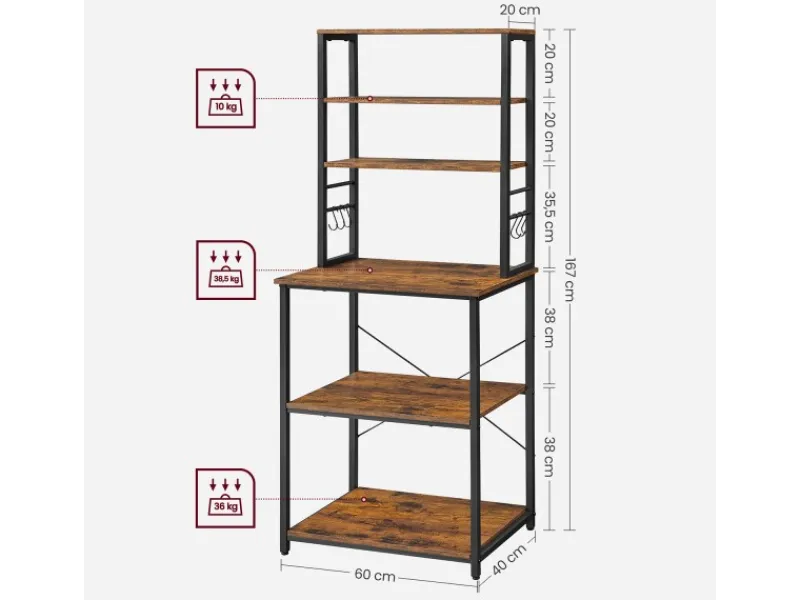 Best Vasagle Küchenregal 40 cm x 60 cm x 167 cm Braun-Schwarz