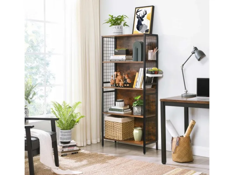 Vasagle Standregal 4 Ablagen und 4 S-Haken 30 x 74 x 154,5 cm Braun-Schwarz< Küchenregale