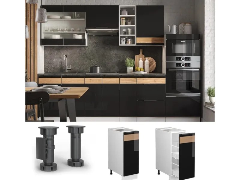 Vicco Apothekerschrank Fame-Line Schwarz-Eiche Hochglanz/Weiß 30 cm ohne Arbeitsplatte< Küchenschränke