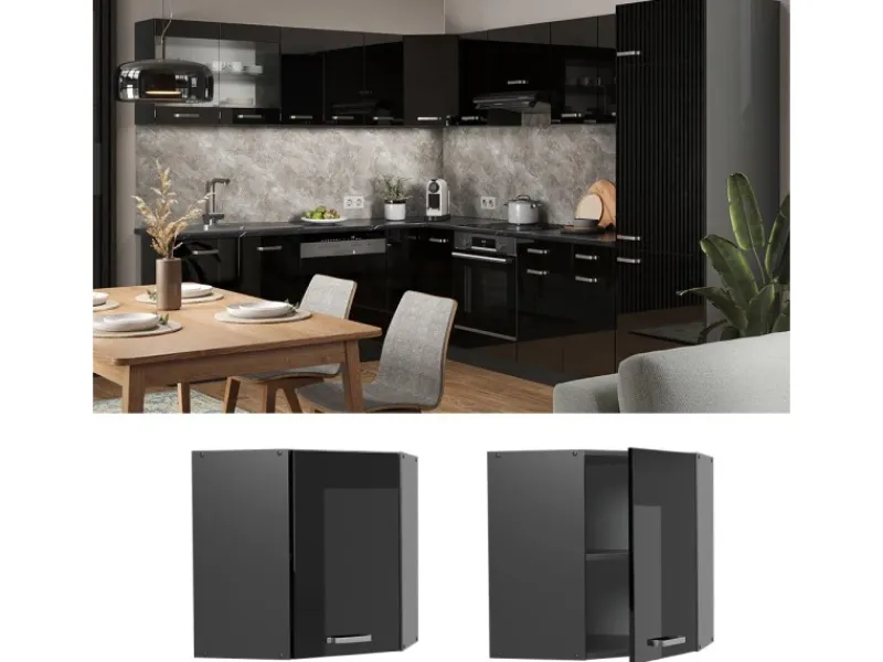 Küchenschränke<Vicco Eckhängeschrank R-Line Küchen-Eckschrank Schwarz Hochglanz/Anthrazit 57 cm