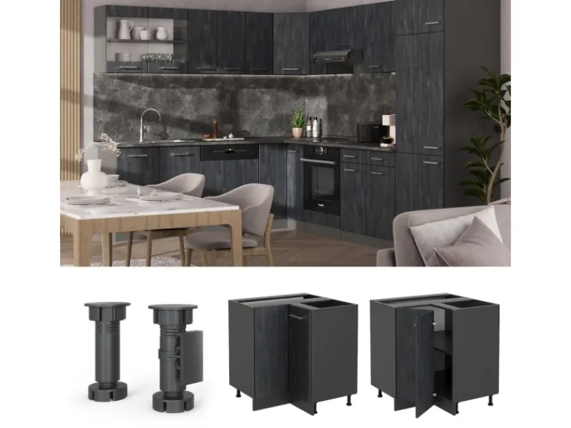 Küchenschränke<Vicco Eckunterschrank R-Line Schwarz Beton/Anthrazit 76 cm ohne Arbeitsplatte
