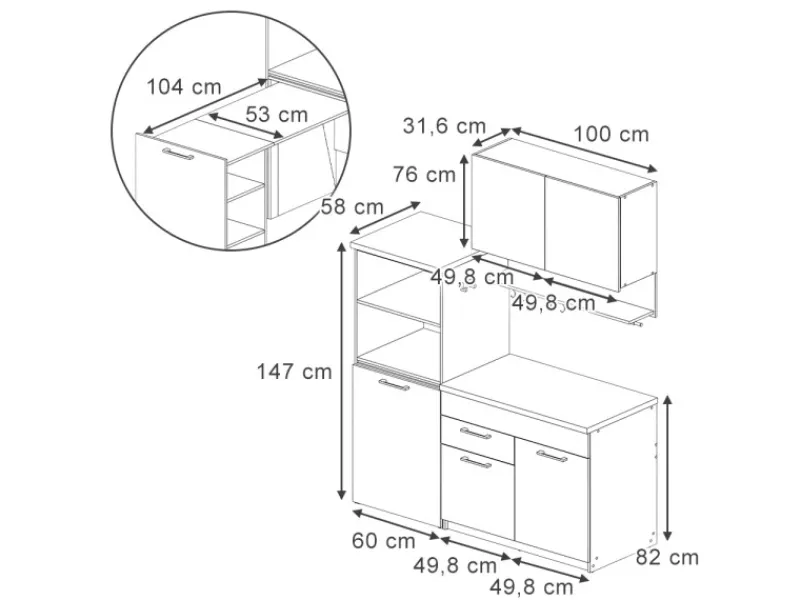 Discount Vicco Egbert SingleKüche Greige 160 cm mit Ausziehbarem TischEgbert ohne E-Geräte Grau