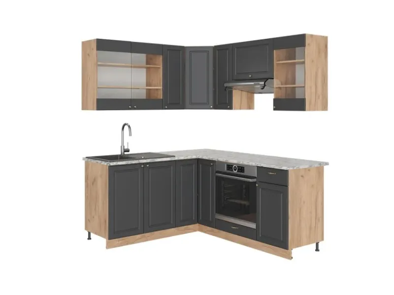 Winkelküchen<Vicco Fame-Line Eckküche Anthrazit Landhaus/Goldkraft Eiche 160 x 190 cm AP Marmor ohne E-Geräte