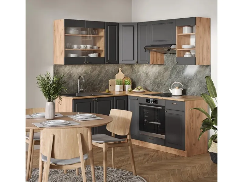 Winkelküchen<Vicco Fame-Line Eckküche Anthrazit Landhaus/Goldkraft Eiche 160 x 190 cm AP Marmor ohne E-Geräte
