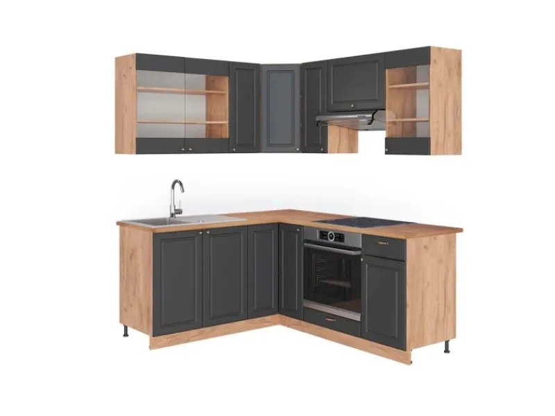 Vicco Fame-Line Eckküche Anthrazit Landhaus/Goldkraft Eiche 160 x 190 cm AP Eiche ohne E-Geräte< Winkelküchen