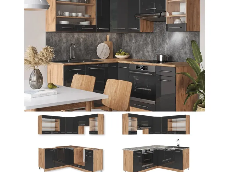 Winkelküchen<Vicco Fame-Line Eckküche /Goldkraft Eiche 160 x 190 cm AP Anthrazit ohne E-Geräte