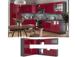Best Vicco Fame-Line Eckküche Bordeaux Hochglanz/Anthrazit 347 x 257 cm mit Arbeitsplatte ohne E-Geräte Brilliant Bordeaux