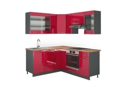 Vicco Fame-Line Eckküche Bordeaux Hochglanz/Anthrazit 160 x 190 cm AP Eiche ohne E-Geräte< Winkelküchen