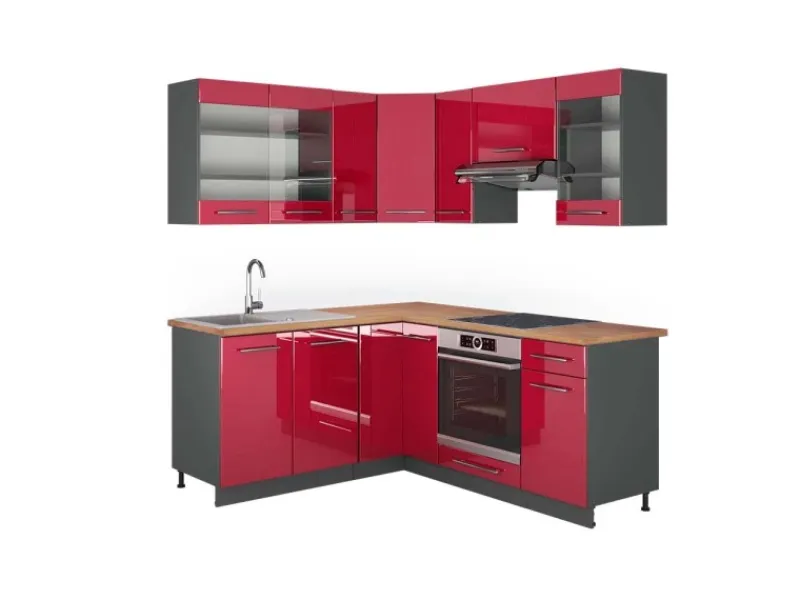 Vicco Fame-Line Eckküche Bordeaux Hochglanz/Anthrazit 160 x 190 cm AP Eiche ohne E-Geräte< Winkelküchen