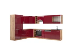Winkelküchen<Vicco Fame-Line Eckküche Bordeaux Hochglanz/Goldkraft Eiche 347 x 257 cm AP Eiche ohne E-Geräte