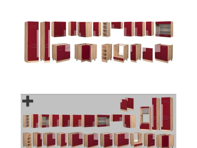 Winkelküchen<Vicco Fame-Line Eckküche Bordeaux Hochglanz/Goldkraft Eiche 347 x 257 cm AP Eiche ohne E-Geräte
