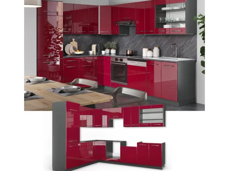 Winkelküchen<Vicco Fame-Line Eckküche Bordeaux Hochglanz/Anthrazit 227 x 60 cm ohne Arbeitsplatte ohne E-Geräte